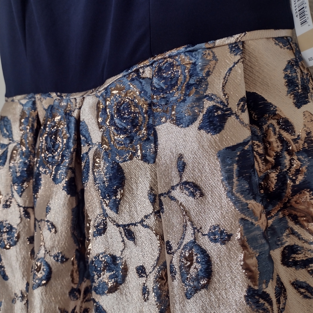 R&M Richards NWT Metallic Floral Brocade High Low Midi Dress Navy Size 12 - Picture 8 of 16